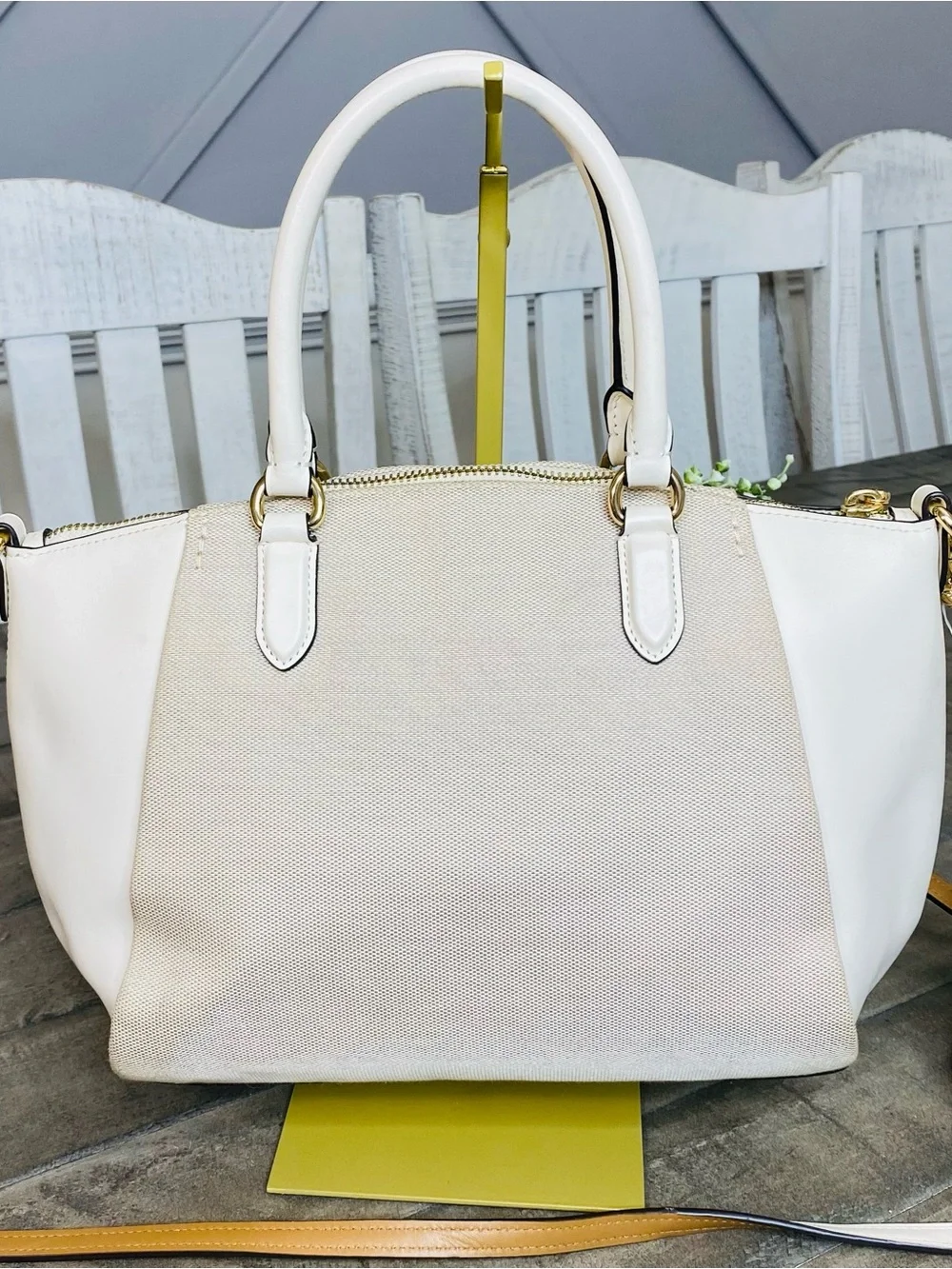 COACH Elise Satchel Horse & Carriage Jacquard Canvas White Leather Crossbody Bag